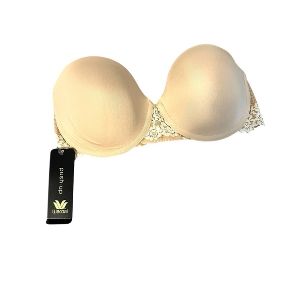 NWT Wacoal Push Up Strapless Bra 32D Tan Satin Padded Cup Underwire - Picture 1 of 5
